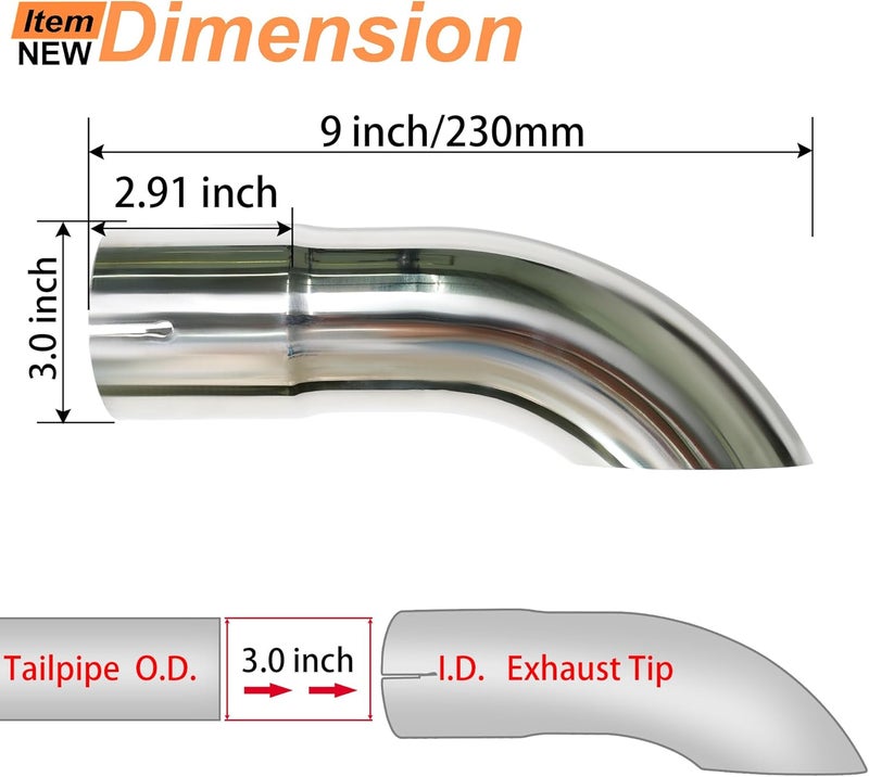 Simnliras 3 Inch Inlet Turn Down Exhaust Tip, 3" Inlet 3" Outlet Stainless Steel Universal Diesel Exhaust Tailpipe Tips with Seal Clamp for 3 in OD Tailpipes, 9"/230mm Overall Length, Polished - Image 2